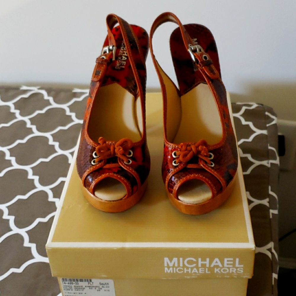 MICHAEL Michael Kors -Jaden embossed Snakeskin slingback, Orange, Size 6.5